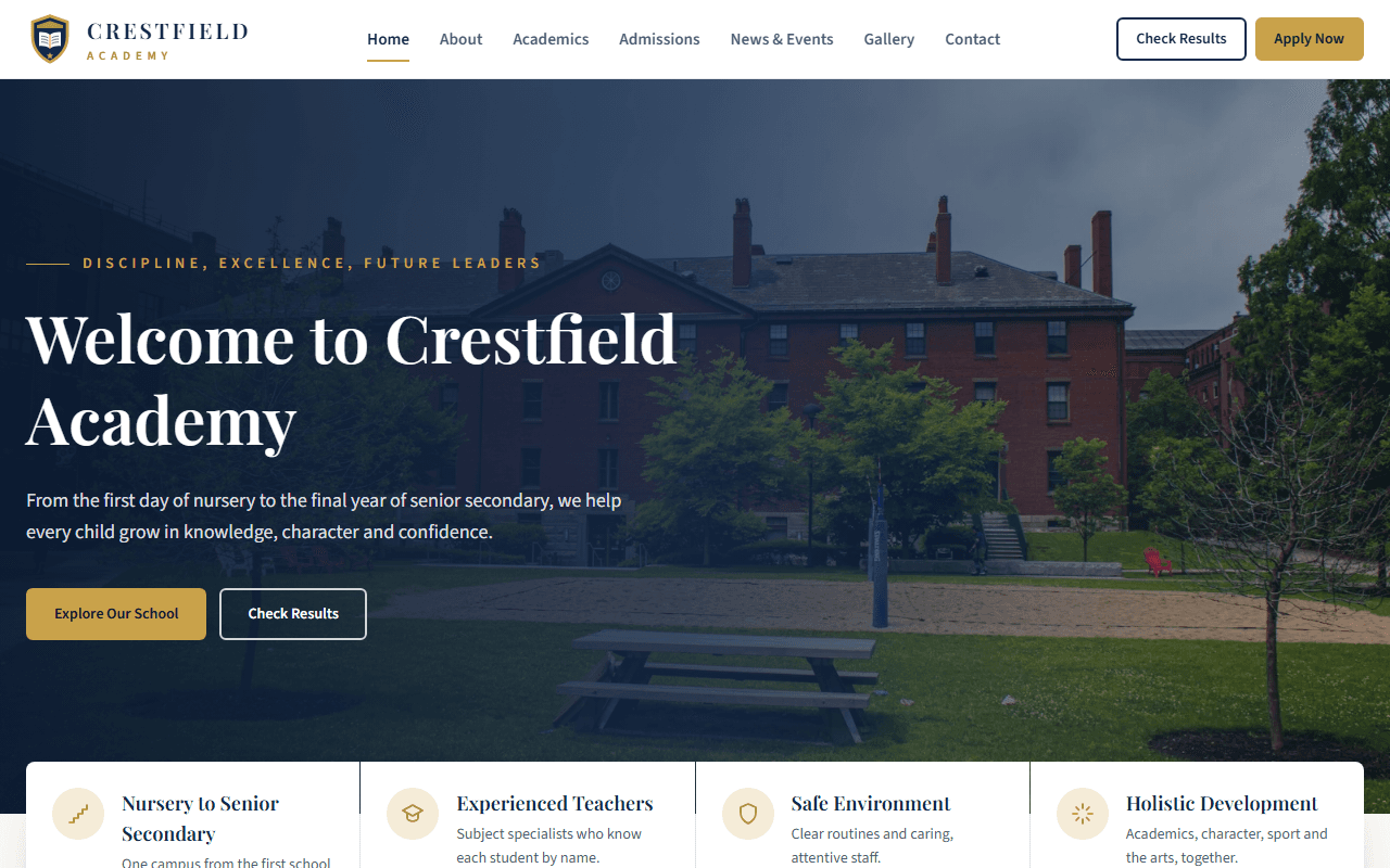Home page of the Crestfield Academy concept site